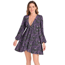Load image into Gallery viewer, "Purple Batty" Lantern Sleeve Deep V-Neck Short Dress